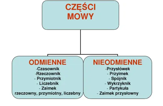 Schemat przedstawia części mowy, dzieląc je na odmienne (czasownik, rzeczownik, przymiotnik, liczebnik, zaimek) i nieodmienne (przysłówek, przyimek, spójnik, wykrzyknik, partykuła, zaimek przysłowny).