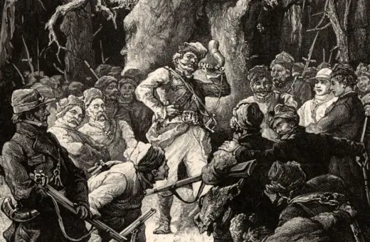 Hreczeszanka z Pana Tadeusza, otoczona przez szlachtę, wzywa do walki.