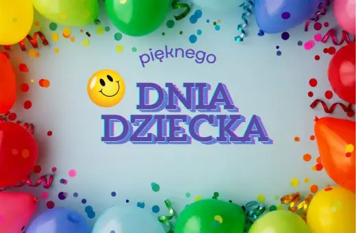Wesołe balony i konfetti tworzą radosną oprawę dla napisu "pięknego DNIA DZIECKA".