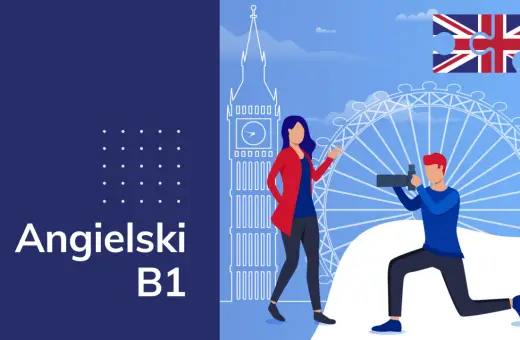 Angielski B1 online: poznaj Londyn i rozwijaj swoje umiejętności językowe. Puzzle z flagą UK i ikony Big Ben i London Eye.