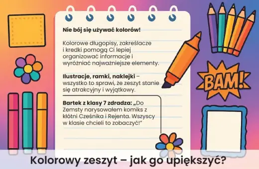 Kolorowy zeszyt z lekturownikiem, ozdobiony flamastrami, kredkami i kwiatkami, zachęca do kreatywnego notowania.