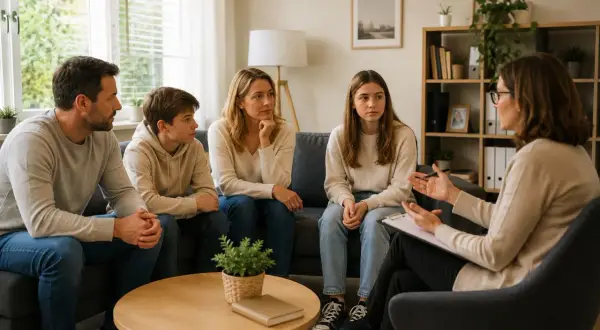 Rodzina siedzi na kanapie, słuchając terapeuty. Wszyscy wyglądają na zamyślonych, co sugeruje, że przechodzą przez trudny okres. Terapia rodzinna pomaga im znaleźć drogę do lepszego porozumienia.