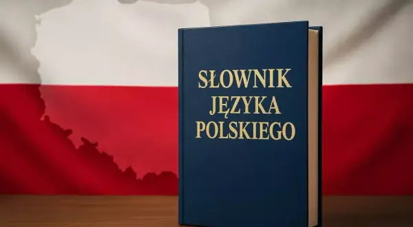 Słownik języka polskiego na tle flagi Polski. Czy w 2026 roku czekają nas zmiany w języku polskim?
