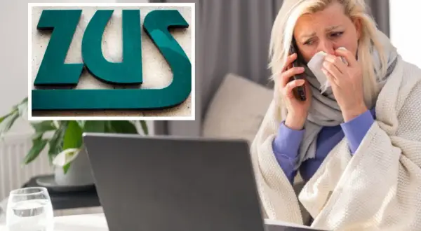 Kobieta chora, owinięta kocem, rozmawia przez telefon, obok logo ZUS. Może to być kontrola ZUS L4.