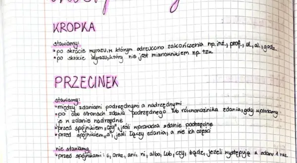 Notatki o interpunkcji: KROPKA po skrótach (np. inż., prof.) i PRZECINEK między zdaniami podrzędnymi i nadrzędnymi.