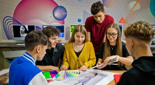 Młodzi ludzie, przyszli **technicy reklamy**, analizują palety kolorów i projekty.