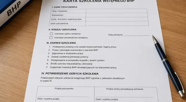 Karta szkolenia wstępnego BHP z polami do wypełnienia przez pracownika i prowadzącego. Dokument zawiera sekcje dotyczące danych pracownika, rodzaju szkolenia, zakresu tematycznego oraz potwierdzenia odbycia.
