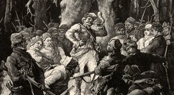 Hreczeszanka z Pana Tadeusza, otoczona przez szlachtę, wzywa do walki.