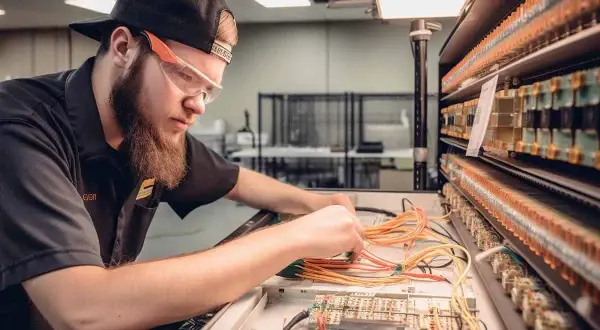 Młody technik mechatronik w okularach ochronnych pracuje przy panelu z przewodami i modułami elektronicznymi.