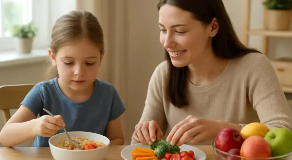 Mama z uśmiechem podaje córce warzywa, dbając o zdrowy posiłek. To przykład troskliwej opieki nad zdrowym dzieckiem.