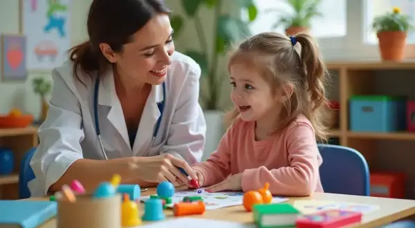 Uśmiechnięta terapeutka pedagogiczna wspiera małą dziewczynkę w zabawie i nauce przy stoliku pełnym kolorowych materiałów.