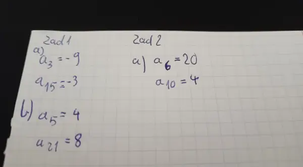 Zadania z matematyki: obliczanie wyrazów ciągu arytmetycznego i jego sumy. Widać dane: a₃=-9, a₁₅=-3, a₅=4, a₂₁=8 oraz a₆=20, a₁₀=4.