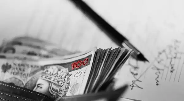 Stos banknotów 100 zł w portfelu, obok pióro i zapiski. FGŚP.