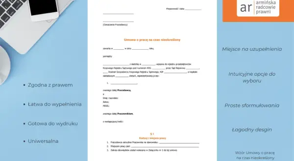Wzór umowy o pracę na czas nieokreślony, gotowy do wypełnienia. Idealny dla pracodawcy szukającego formalnego dokumentu.