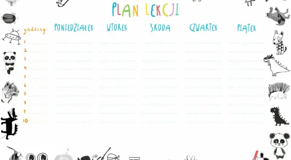 Kolorowy plan lekcji z zabawnymi rysunkami zwierząt i przedmiotów. Idealny konspekt do wypełnienia zajęciami.