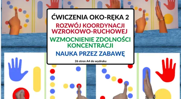Dzieci ćwiczą koordynację wzrokowo-ruchową, dotykając palcami kolorowych kółek na planszach.