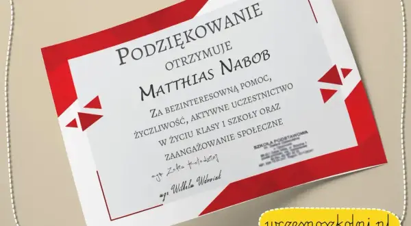 Dyplom z podziękowaniami dla nauczyciela Matthiasa Naboba za pomoc i zaangażowanie.