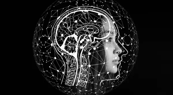 Profil kobiety z rysunkiem mózgu i siecią neuronową, symbolizującą myślenie neurotypowe.