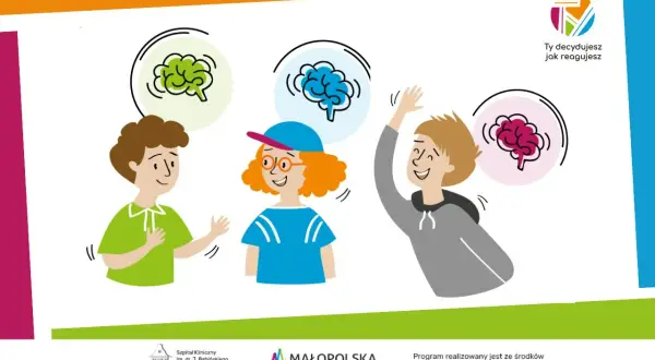 Trzy uśmiechnięte dzieci z różnymi mózgami w chmurkach symbolizują neuroróżnorodność. Każdy z nas jest inny.