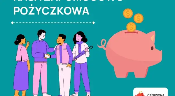 Kasa zapomogowo-pożyczkowa (KZP) to fundusz wspierający pracowników. Na ilustracji ludzie i skarbonka symbolizują pomoc finansową.