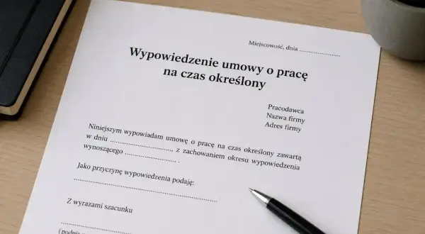 Dokument "Wypowiedzenie umowy o pracę na czas określony" leży na biurku obok długopisu i notatnika.