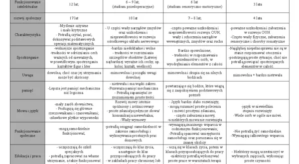 Tabela porównująca stopnie niepełnosprawności: lekki, umiarkowany, znaczny, głęboki. Opisuje rozwój intelektualny, społeczny, spostrzeganie, uwagę, pamięć, mowę i język, funkcjonowanie społeczne oraz edukację i pracę.