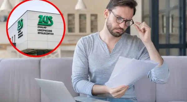 Mężczyzna z okularami analizuje dokumenty, obok laptop. W tle budynek ZUS, symbolizujący formalności związane ze stażem zawodowym.