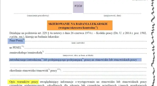 Skierowanie na badania lekarskie (wstępne/okresowe/kontrolne) dla pracownika.