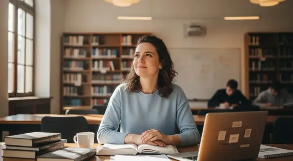 Kobieta uczy się do przygotowania pedagogicznego online w bibliotece. Na biurku książki, laptop i kubek kawy.