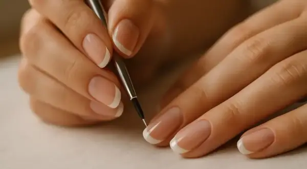 Dłonie z perfekcyjnym francuskim manicure, jedna z nich trzyma cienki pędzelek, jakby tworzyła dzieło sztuki. To oryginał, nie podróbka.