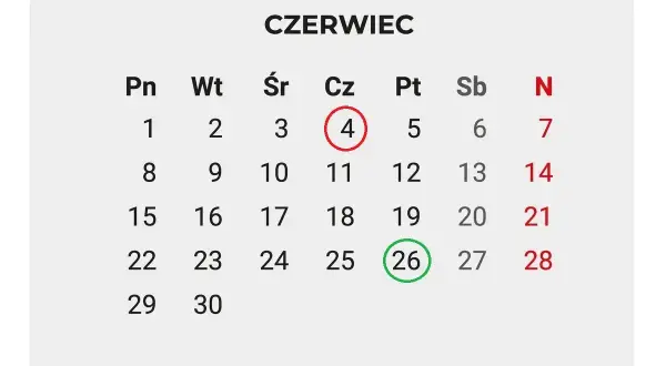 Kalendarz Czerwiec. 26 czerwca, zielonym kółkiem zaznaczony, to idealny dzień, kiedy kończy się rok szkolny i zaczynają wakacje.