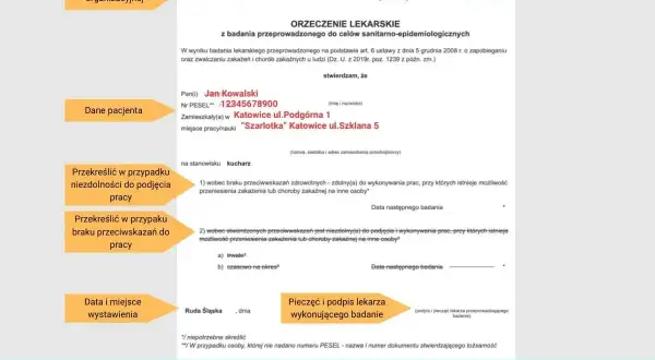 Orzeczenie lekarskie dla Jana Kowalskiego, kucharza, do celów sanitarno-epidemiologicznych. Brak przeciwwskazań do pracy.