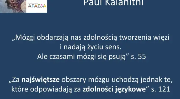 Grafika z zębatkami w głowie, symbolizująca mózg, i cytaty o jego działaniu. W tle logo "Afazja", nawiązujące do problemów z mową, jak afazja motoryczna.
