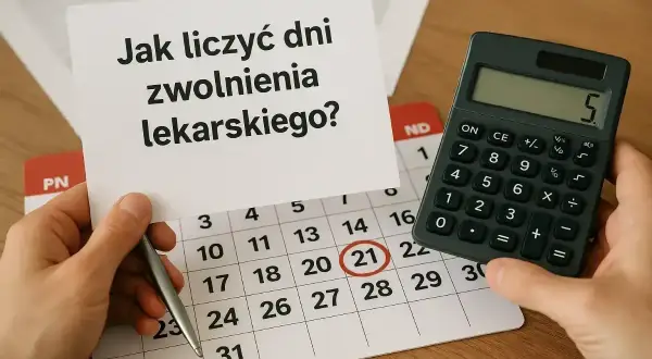 Ręce trzymają kartkę z pytaniem "Jak liczyć dni zwolnienia lekarskiego?", kalendarz z zaznaczonym 21 dniem i kalkulator.