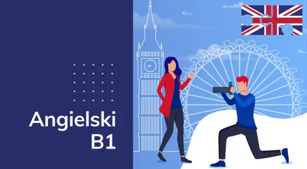 Angielski B1 online: poznaj Londyn i rozwijaj swoje umiejętności językowe. Puzzle z flagą UK i ikony Big Ben i London Eye.