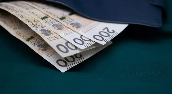 Pieniądze w portfelu, symbolizujące nagrodę jubileuszową nauczycieli. Widać banknoty po 200 złotych.
