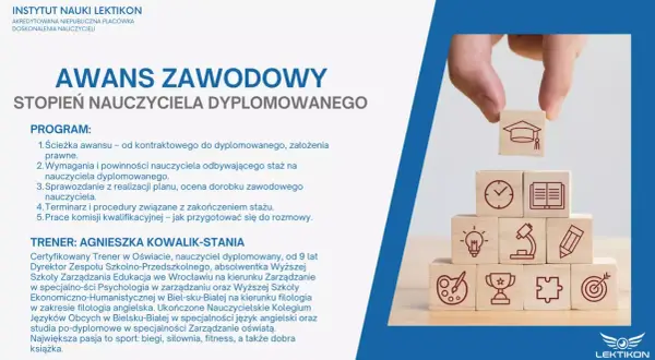 Awans zawodowy nauczyciela dyplomowanego: wymagania po staremu, program i trenerka. Klocki symbolizują ścieżkę kariery.
