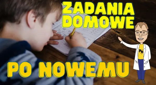 Chłopiec pisze zadania domowe. Obok rysunkowa postać w białym kitlu zachęca do nauki po nowemu.