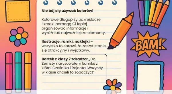 Kolorowy zeszyt z lekturownikiem, ozdobiony flamastrami, kredkami i kwiatkami, zachęca do kreatywnego notowania.