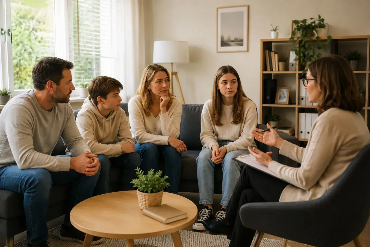 Rodzina siedzi na kanapie, słuchając terapeuty. Wszyscy wyglądają na zamyślonych, co sugeruje, że przechodzą przez trudny okres. Terapia rodzinna pomaga im znaleźć drogę do lepszego porozumienia.