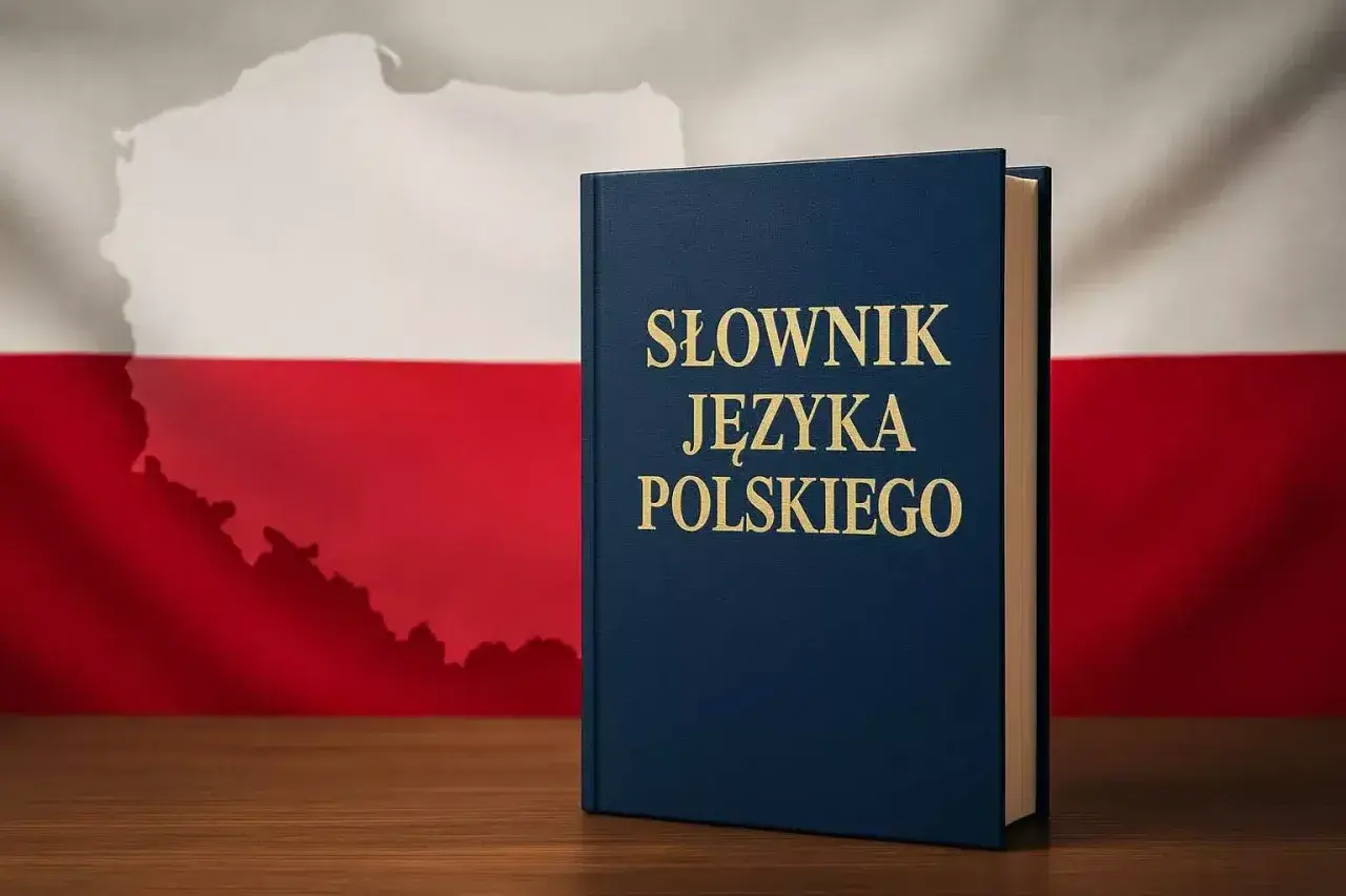 Słownik języka polskiego na tle flagi Polski. Czy w 2026 roku czekają nas zmiany w języku polskim?