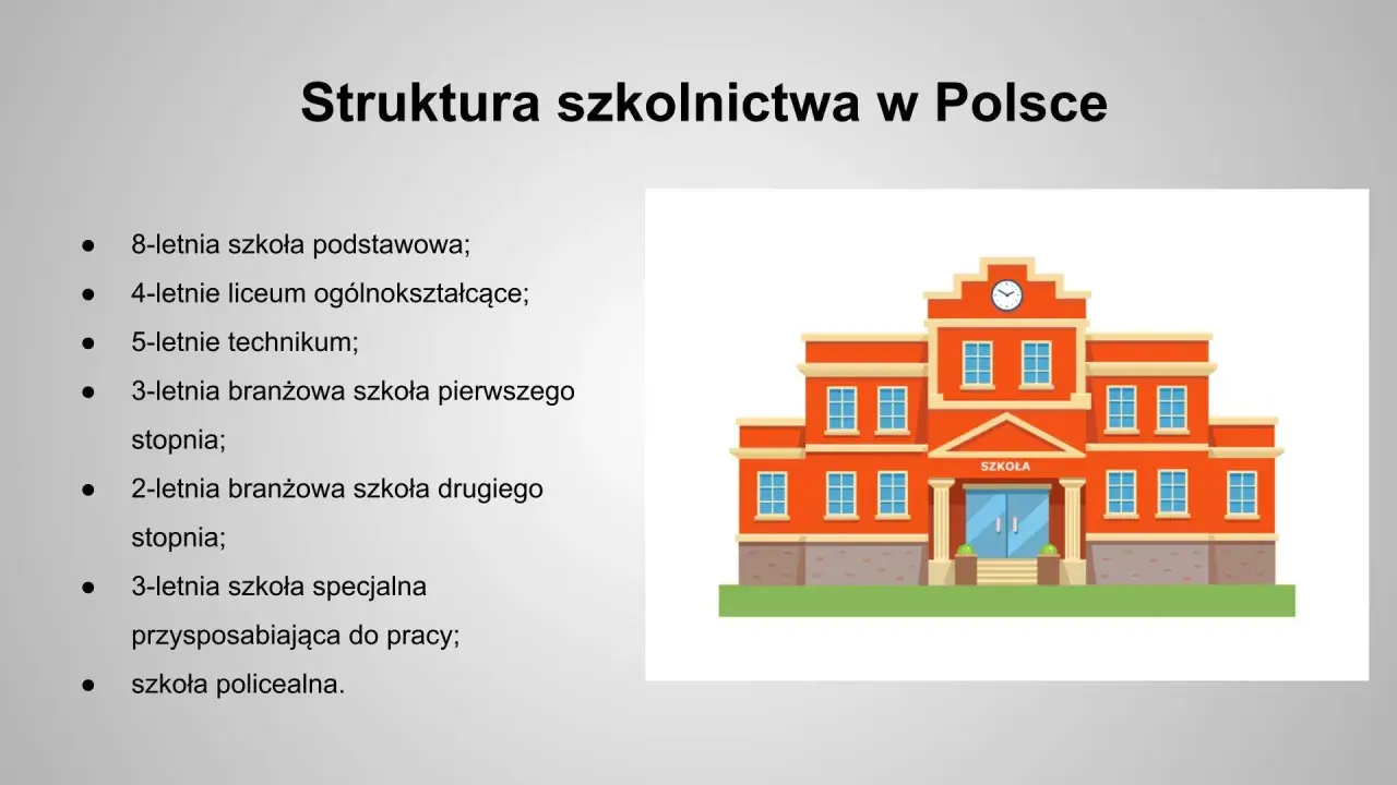 Struktura szkolnictwa w Polsce: od podstawówki po technikum i szkoły specjalne.