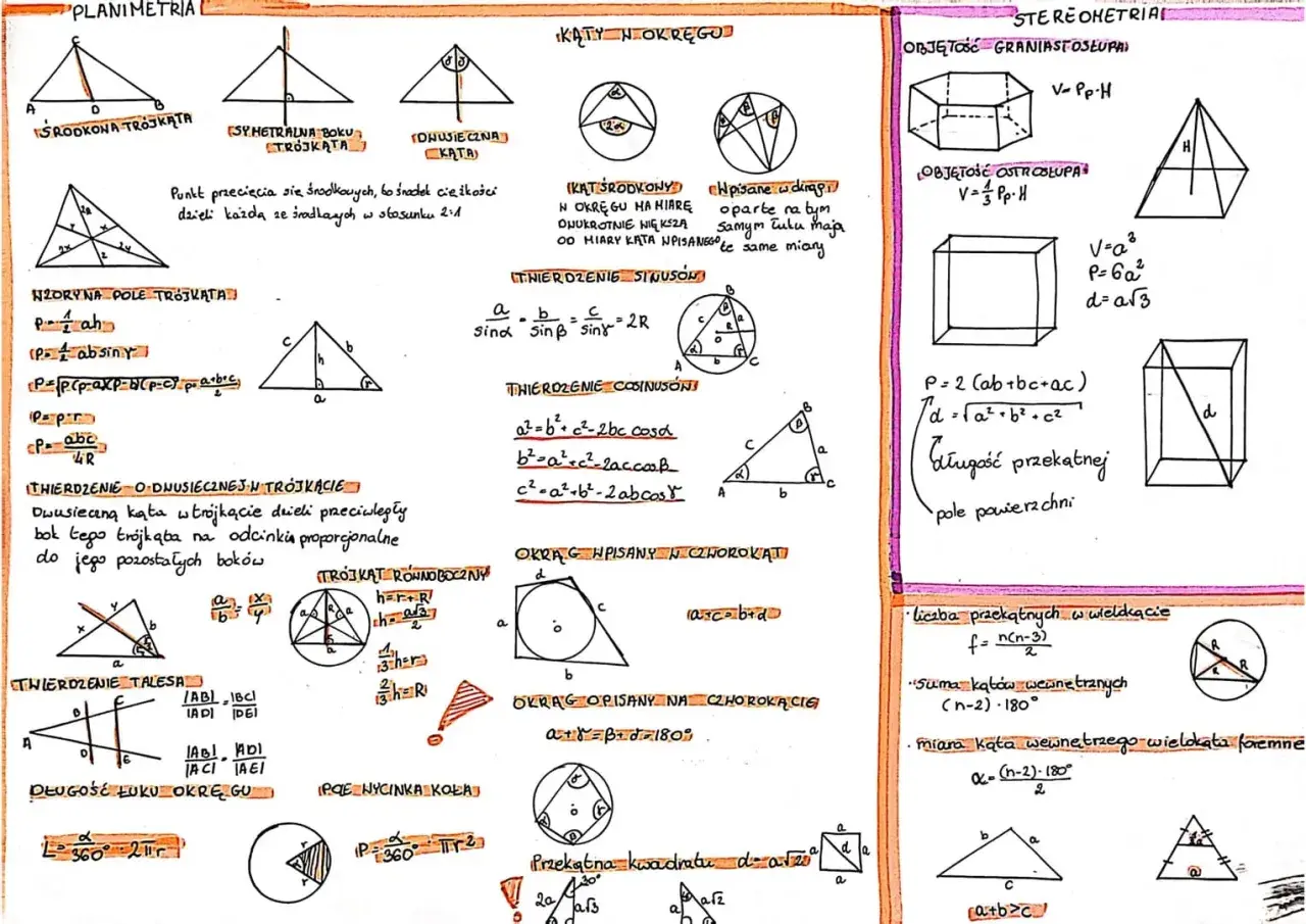 Zbiór wzorów z geometrii płaskiej i przestrzennej, czyli **stereometria** w pigułce.