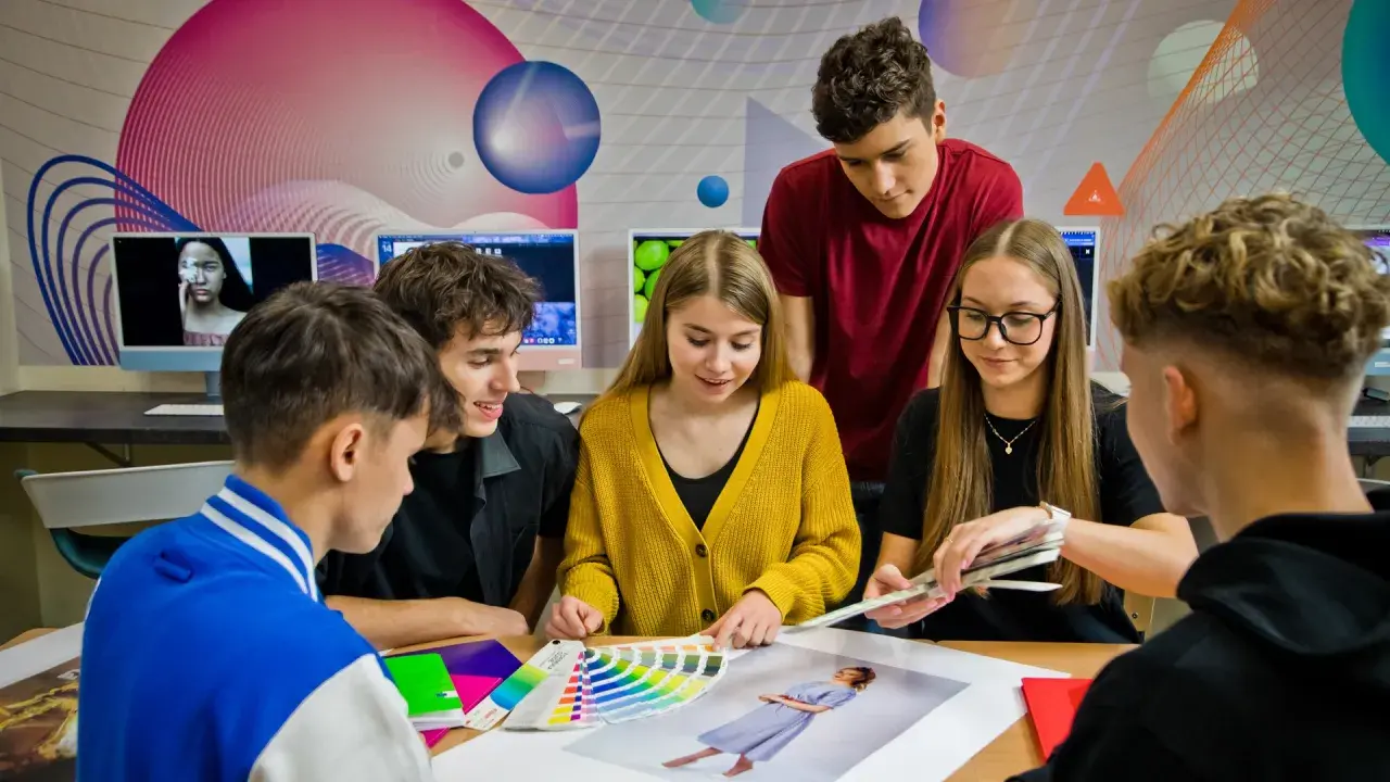 Młodzi ludzie, przyszli **technicy reklamy**, analizują palety kolorów i projekty.