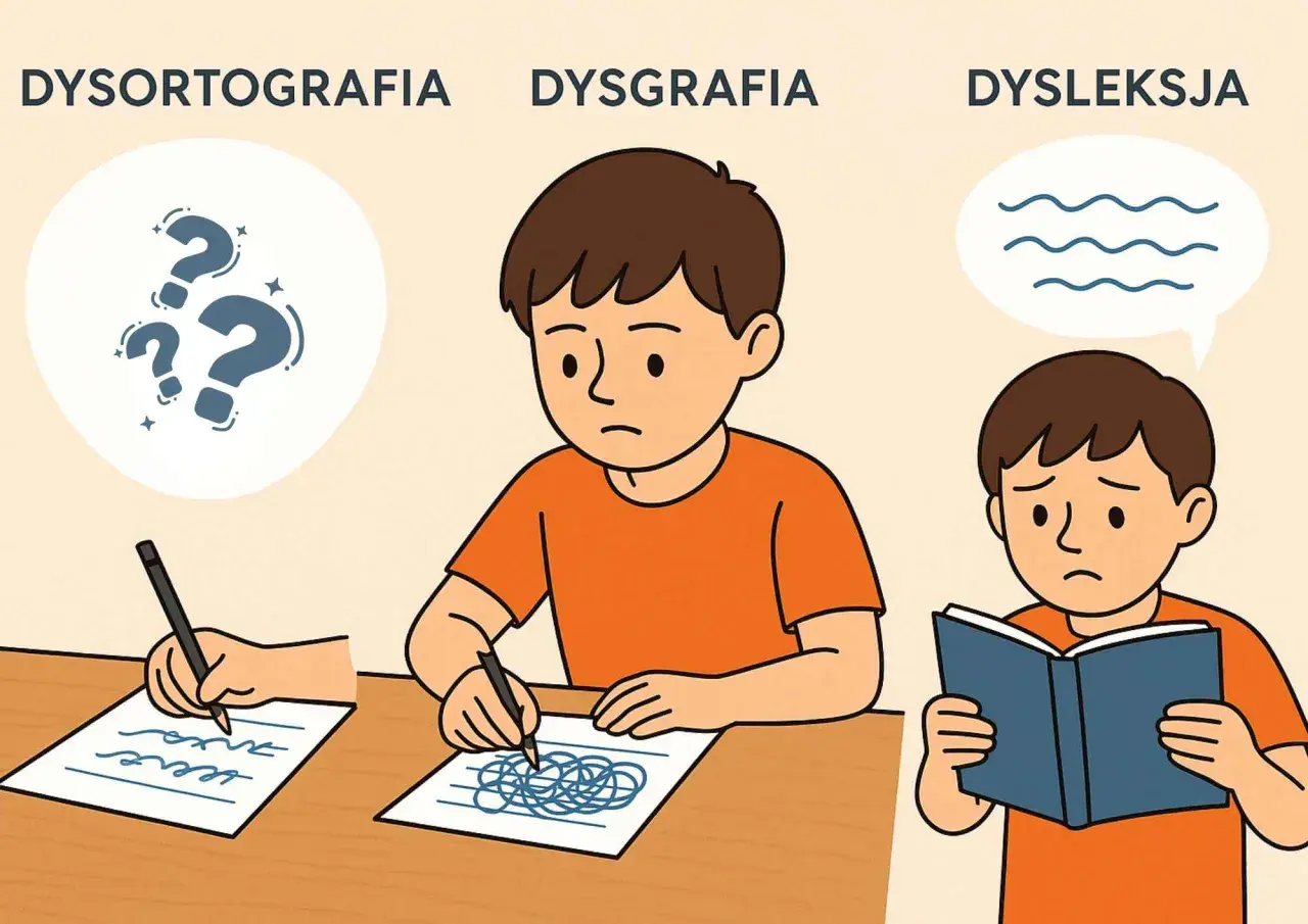 Chłopiec zmagający się z dysortografią pisze, a obok niego inni z dysgrafią i dysleksją.