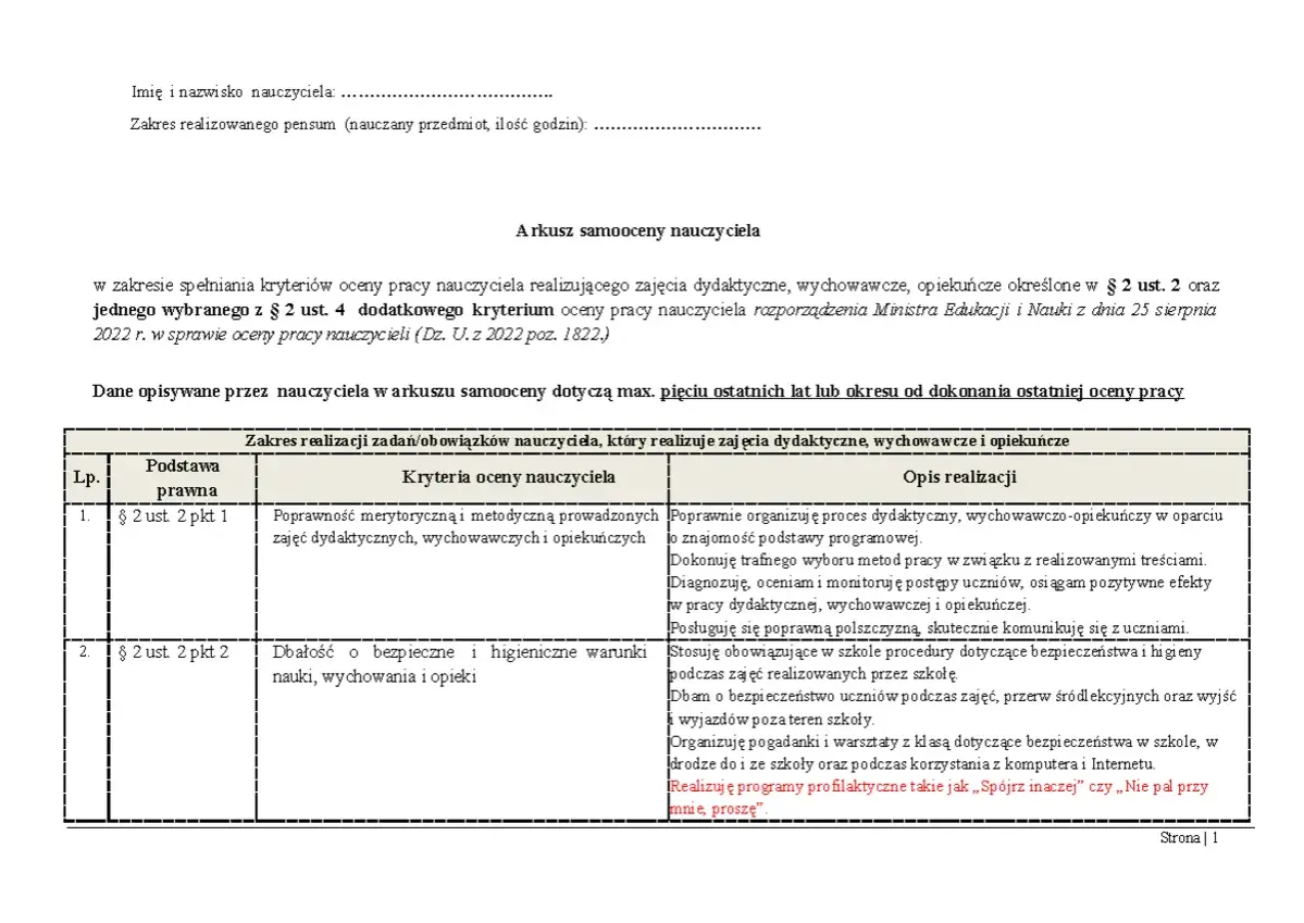 Arkusz samooceny nauczyciela dyplomowanego: przykładowa ocena pracy nauczyciela zawiera kryteria i opis realizacji zadań dydaktycznych, wychowawczych i opiekuńczych.