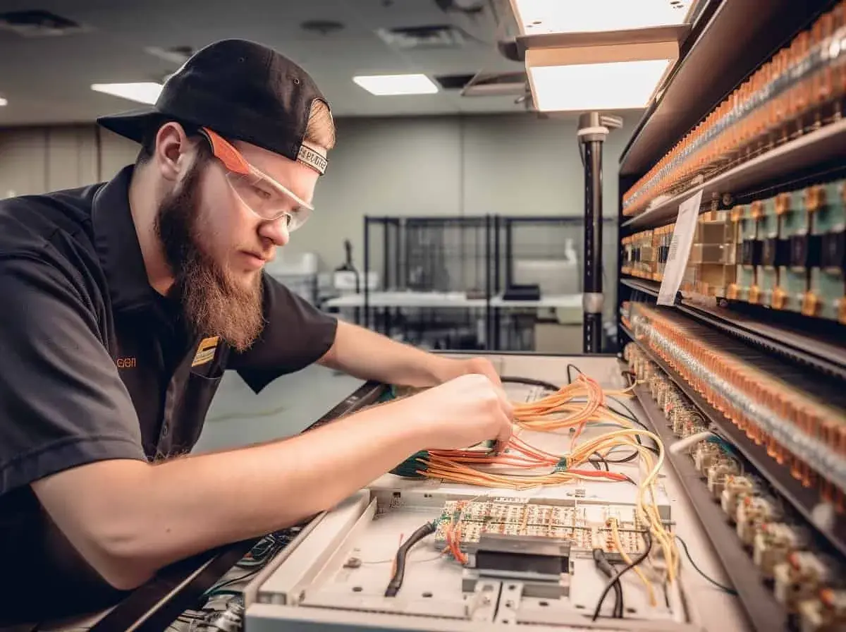 Młody technik mechatronik w okularach ochronnych pracuje przy panelu z przewodami i modułami elektronicznymi.