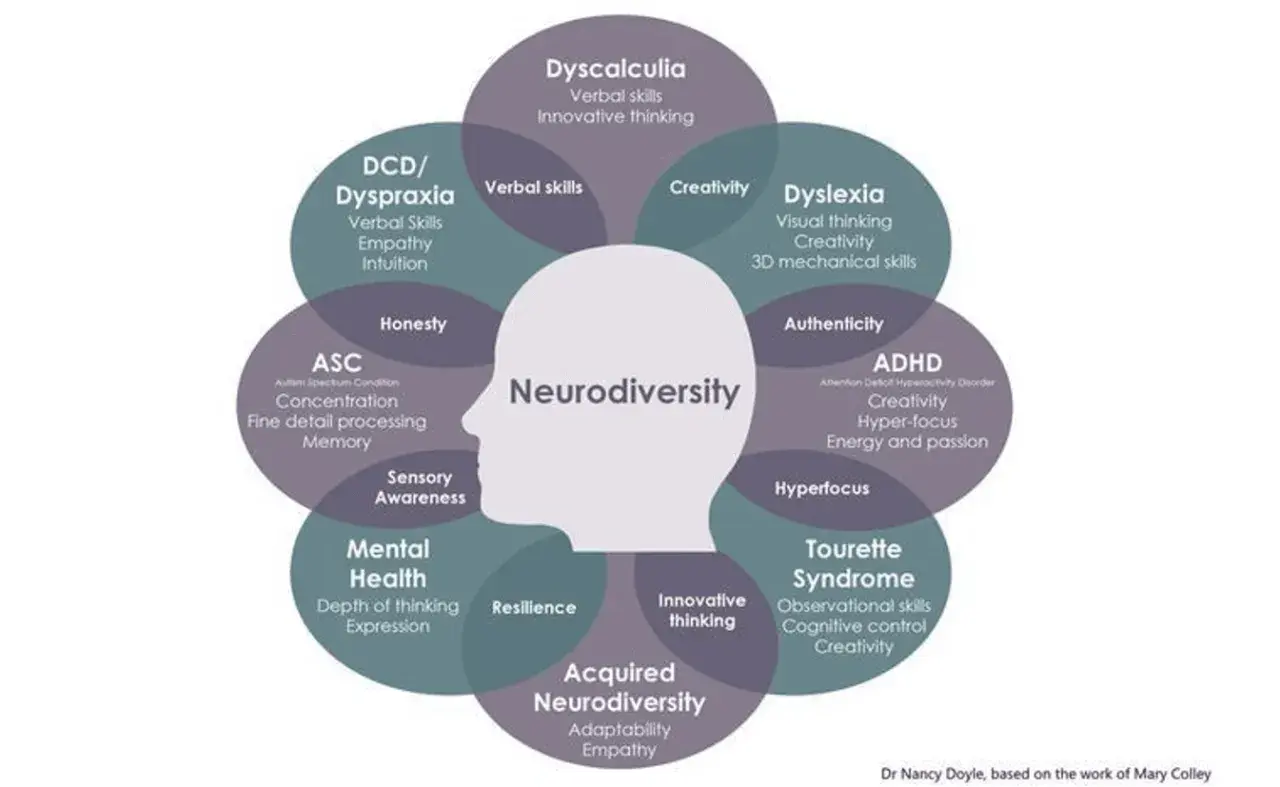 Schemat wyjaśnia, neuro **neurodivergent co to** jest, prezentując różne cechy i stany, jak ADHD, dysleksja, autyzm.