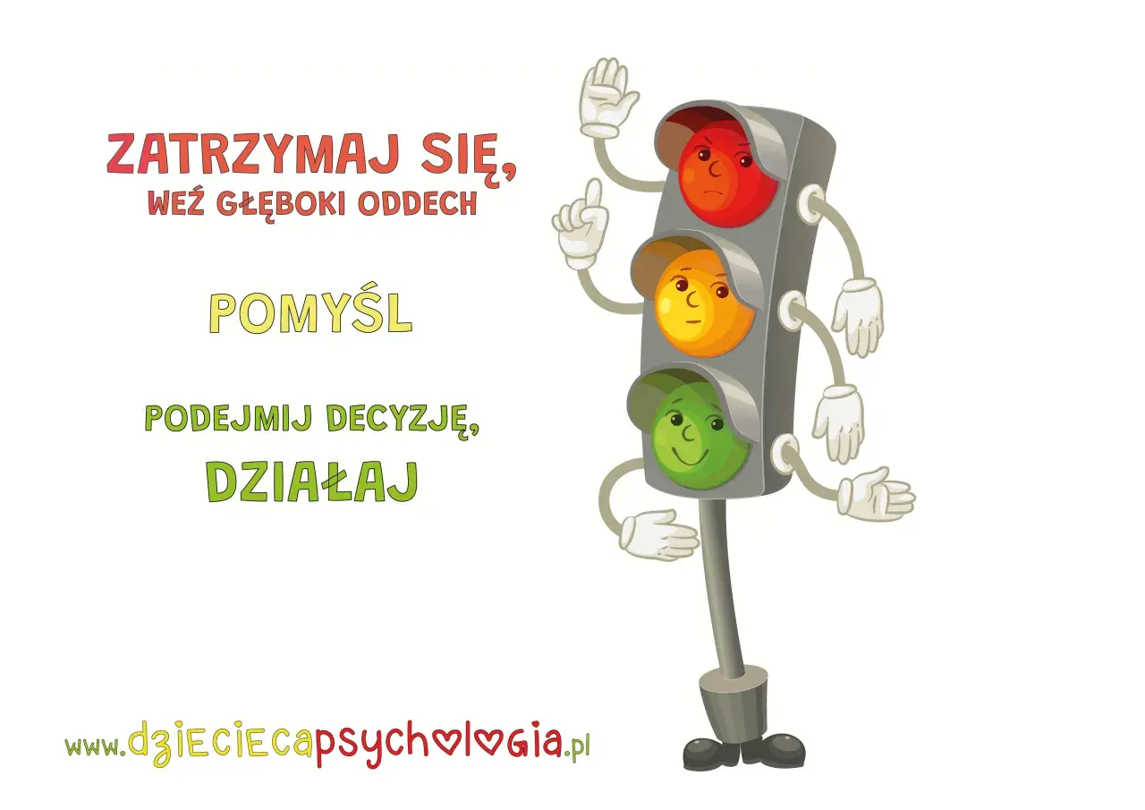 Sygnalizacja świetlna z buźkami zachęca do zatrzymania, oddechu, przemyślenia i działania. Unikaj demoralizacji, podejmuj mądre decyzje.