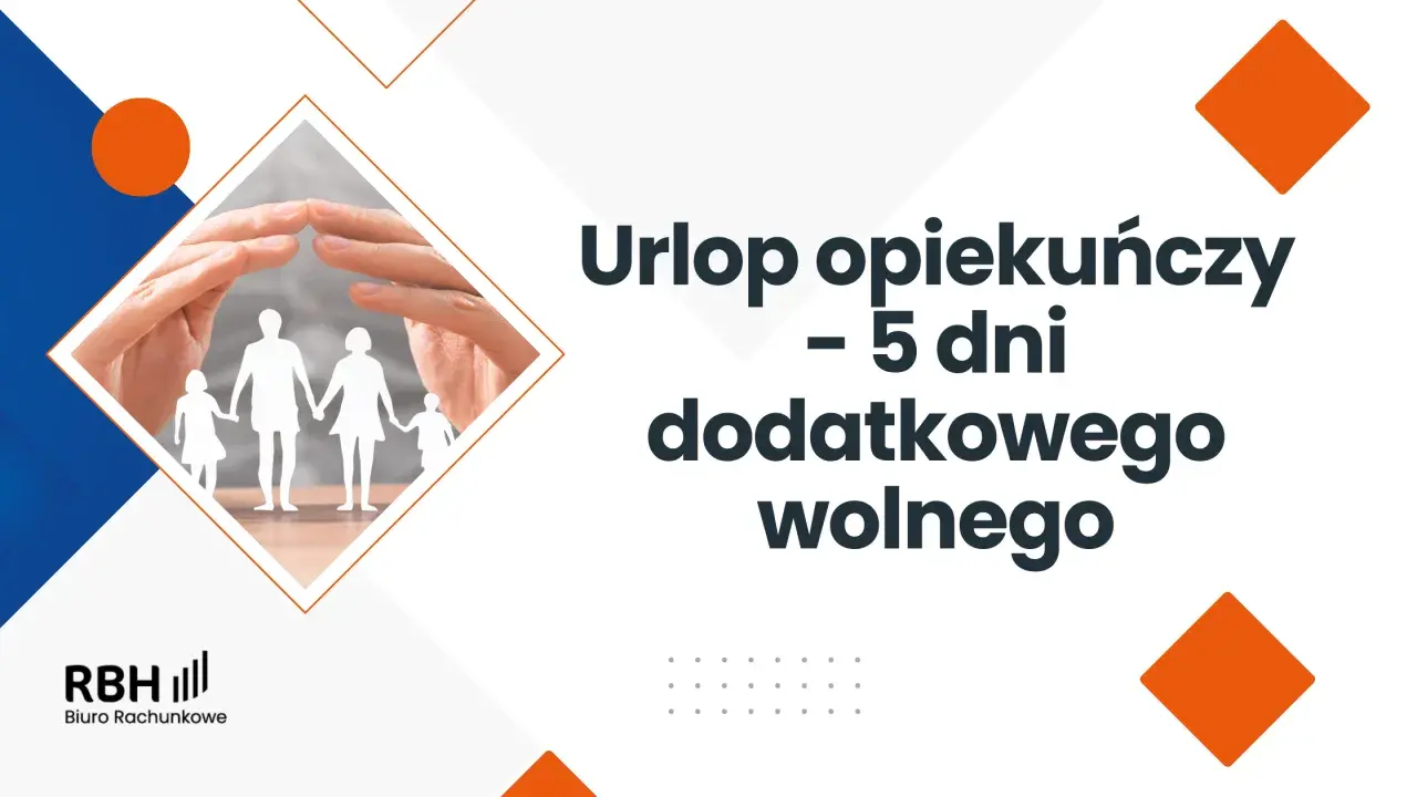 Dłonie chroniące sylwetki rodziny symbolizują opiekę na członka rodziny. Informacja o 5 dniach urlopu opiekuńczego.